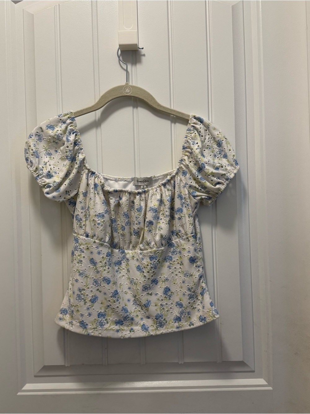 Faded Rose Floral Eyelet Top Puff Sleeve Square Neck Cottagecore Milkmaid Size S